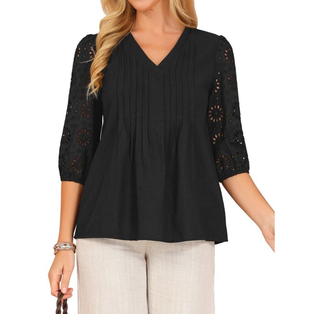 Women's Eyelet V-Neck 3/4 Sleeve Peplum Blouse, Loose Pleated Top Black